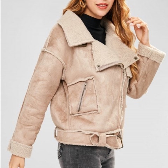 NEW - Faux Suede Belted Pocket Coat - Light Khaki - Picture 2 of 8